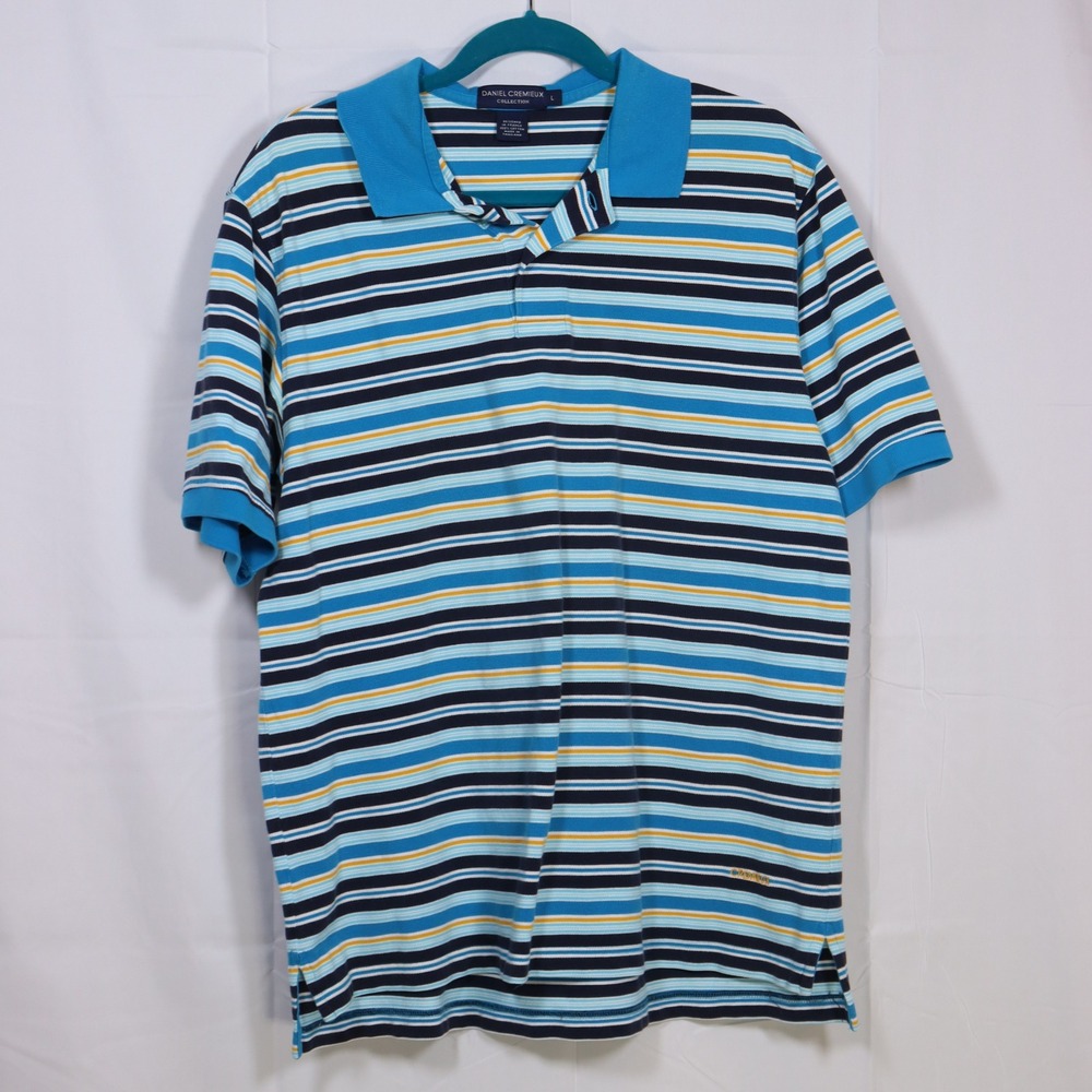 Daniel Cremieux Polo Shirt Mens Large Blue Striped Short Sleeve‎ Cotton Golf Tee